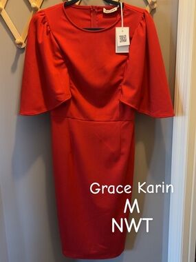 Grace Karin Red Midi Sheath Dress with Flutter Sleeves